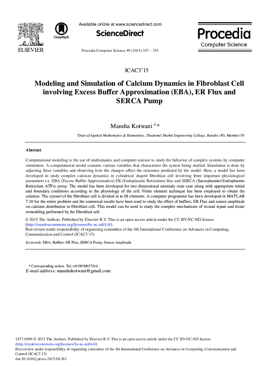 Modeling and Simulation of Calcium Dynamics in Fibroblast Cell Involving Excess Buffer Approximation (EBA), ER Flux and SERCA Pump 