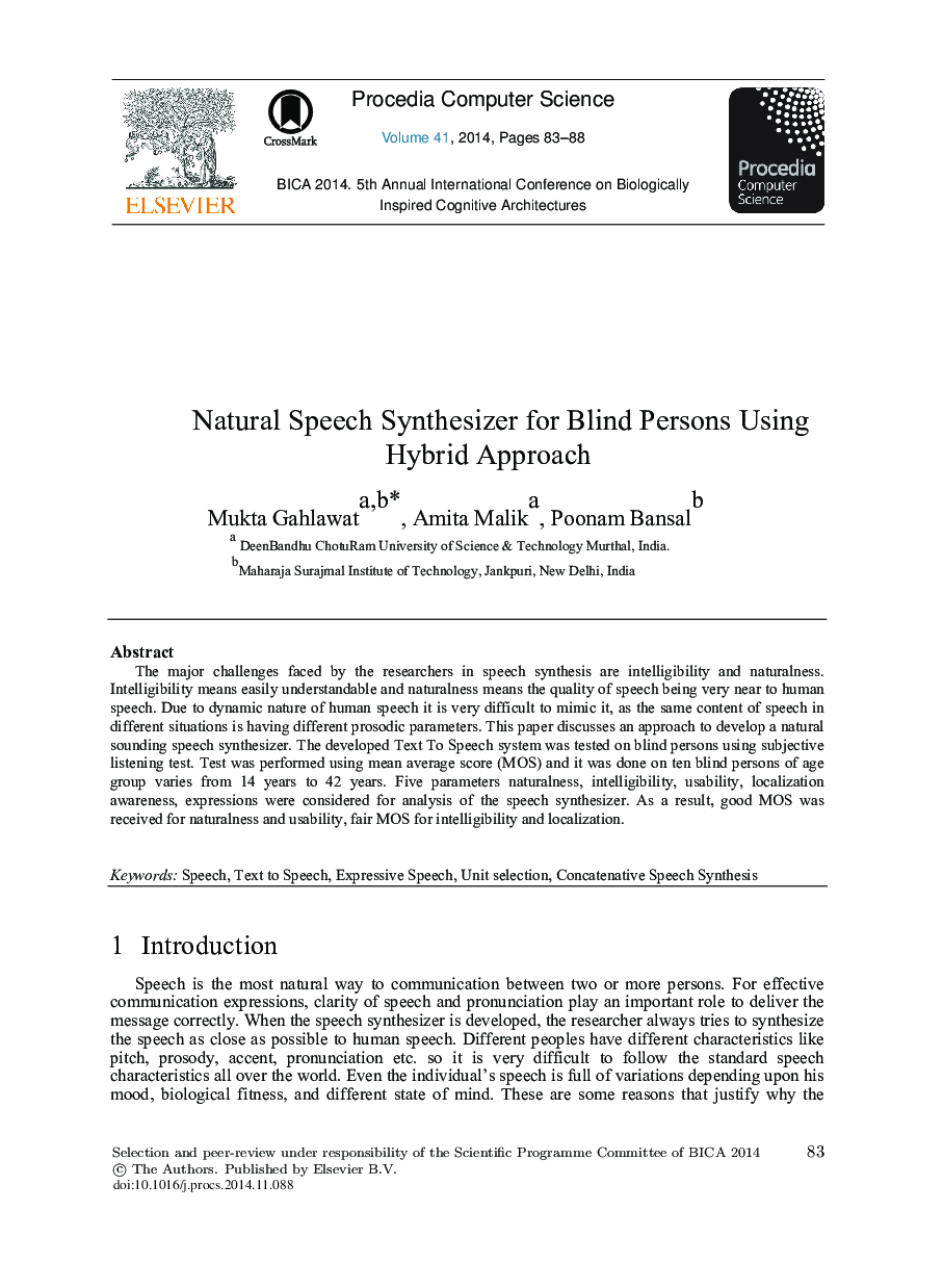 Natural Speech Synthesizer for Blind Persons Using Hybrid Approach 