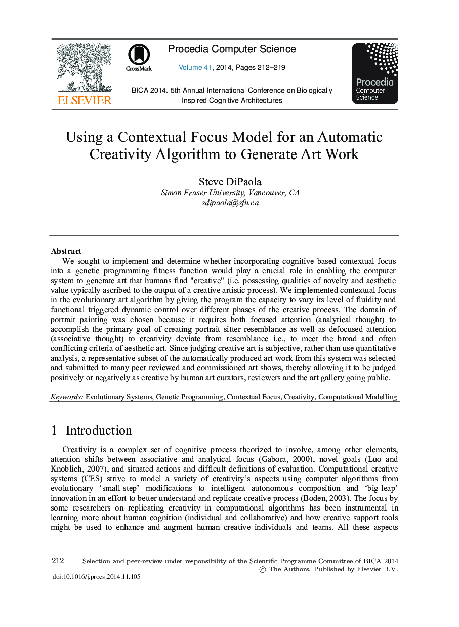 Using a Contextual Focus Model for an Automatic Creativity Algorithm to Generate Art Work 