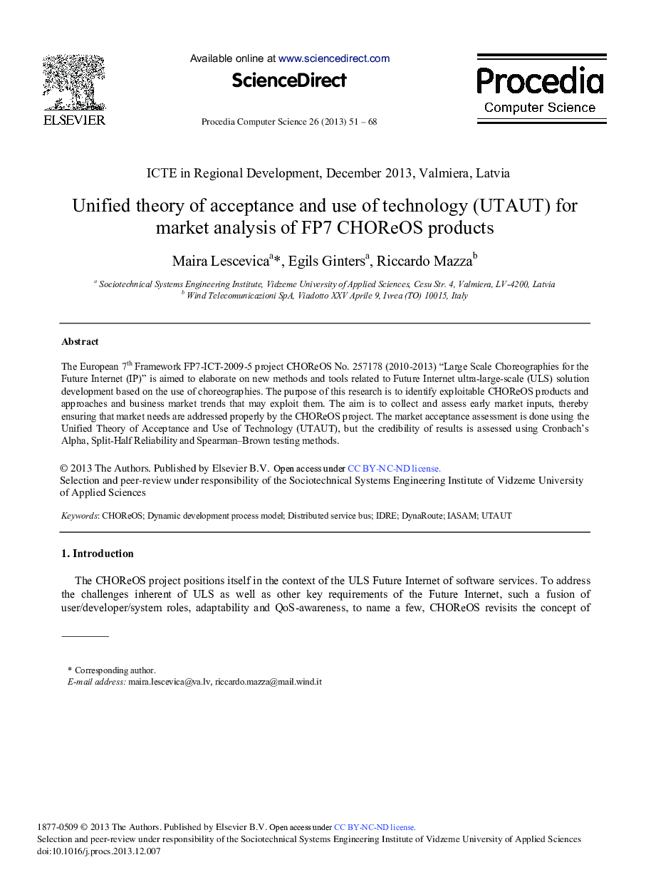 عکس صفحه اول مقاله: Unified Theory of Acceptance and Use of Technology (UTAUT) for Market Analysis of FP7 CHOReOS Products Unified Theory of Acceptance and Use of Technology (UTAUT) for Market Analysis of FP7 CHOReOS Products