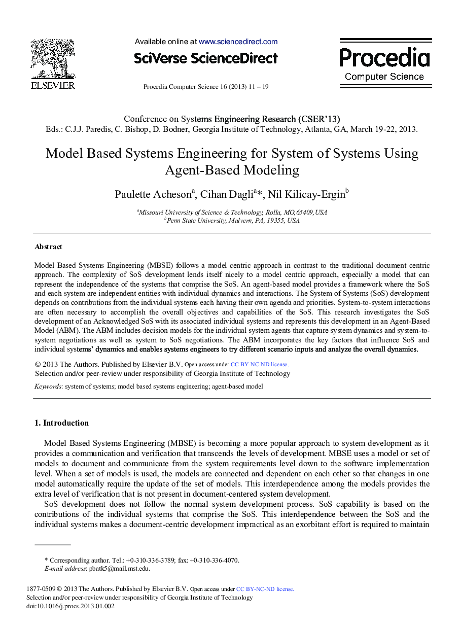 Model Based Systems Engineering for System of Systems Using Agent-based Modeling 