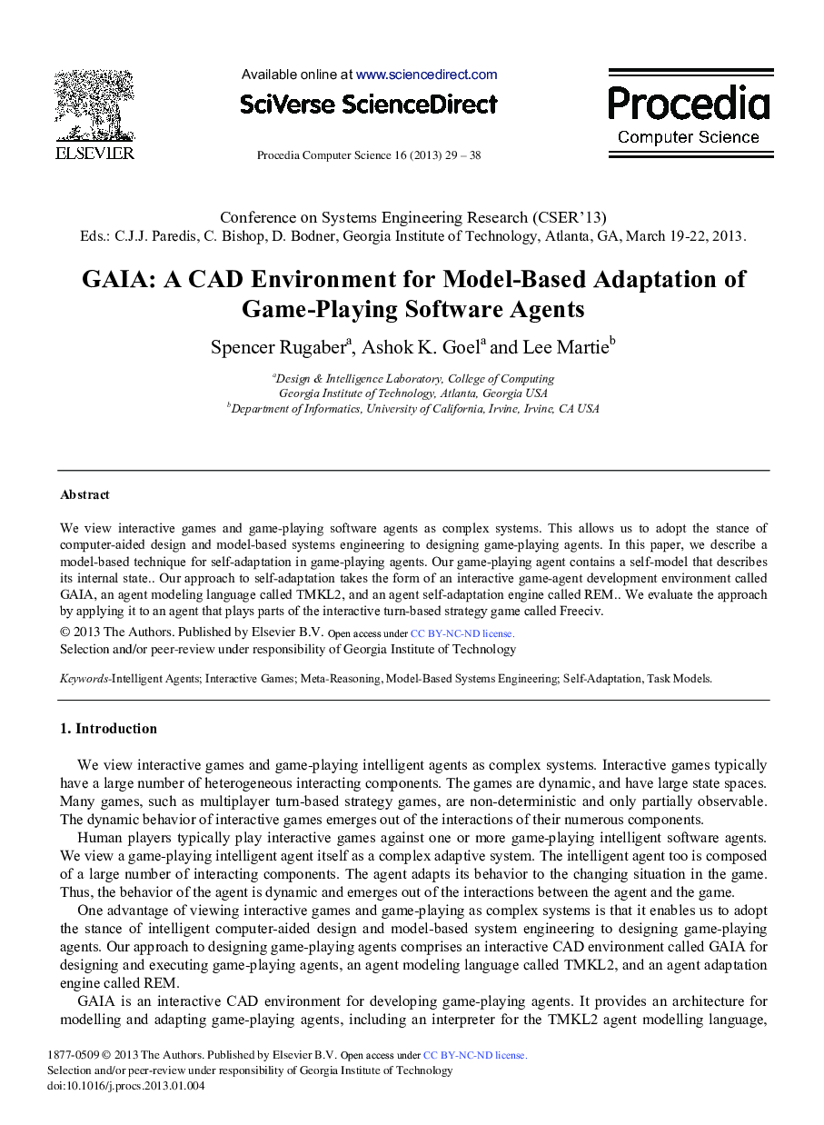 GAIA: A CAD Environment for Model-Based Adaptation of Game-Playing Software Agents 