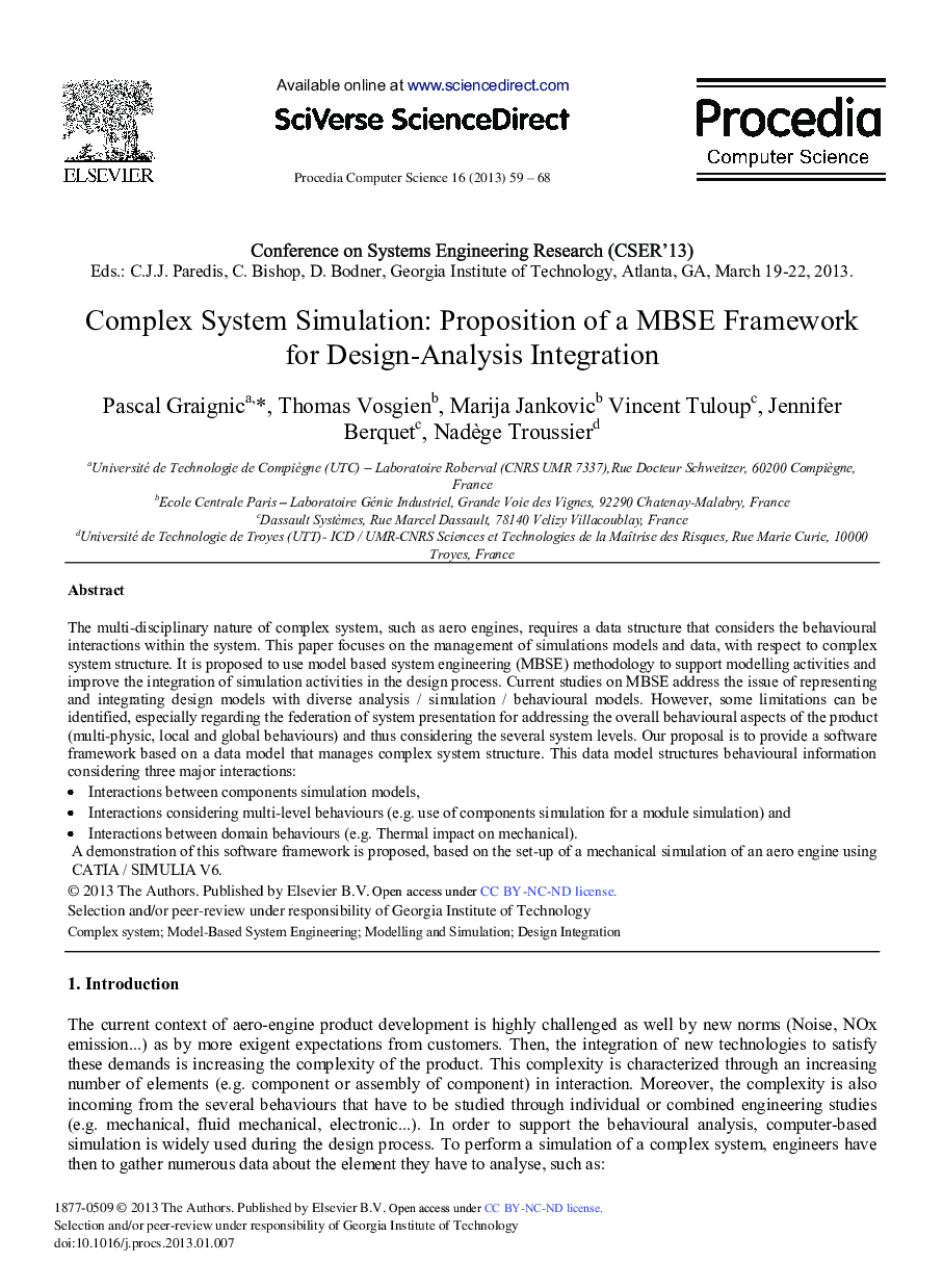Complex System Simulation: Proposition of a MBSE Framework for Design-Analysis Integration 