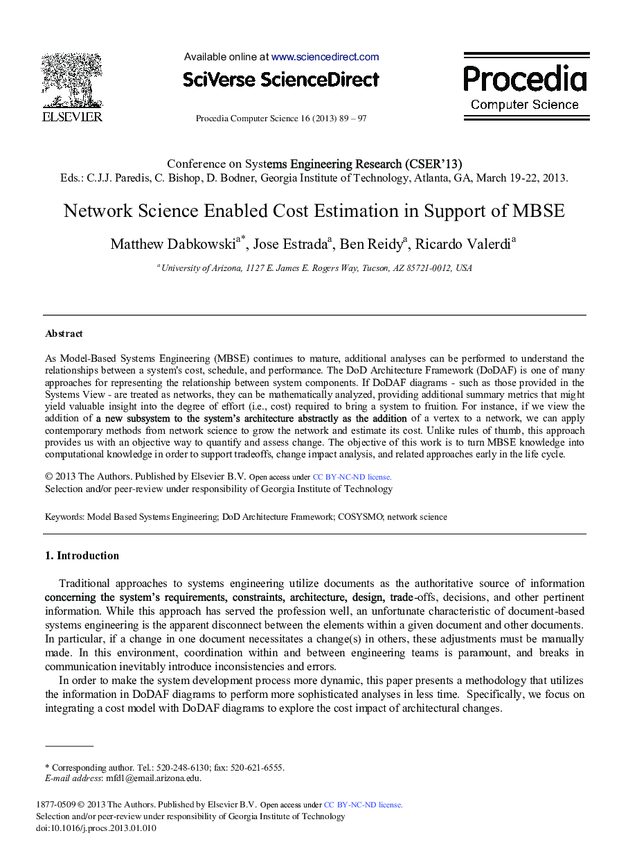 Network Science Enabled Cost Estimation in Support of MBSE 