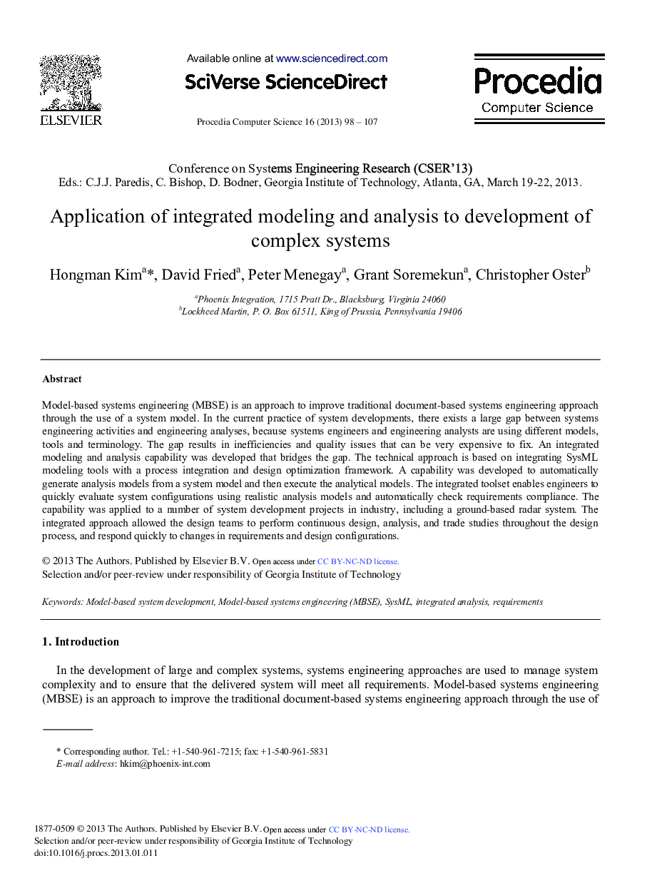 Application of Integrated Modeling and Analysis to Development of Complex Systems 