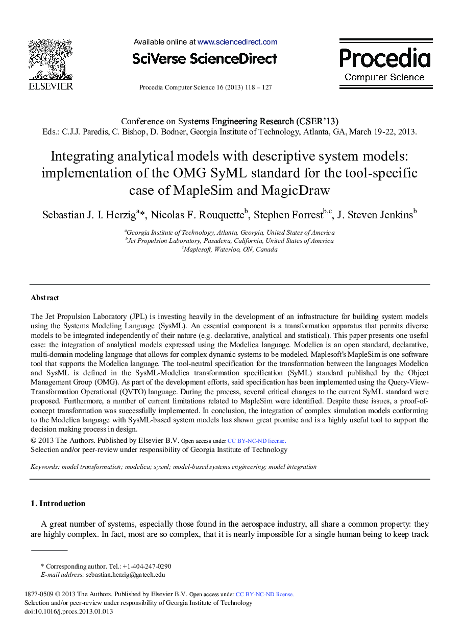 Integrating Analytical Models with Descriptive System Models: Implementation of the OMG SyML Standard for the Tool-specific Case of MapleSim and MagicDraw 