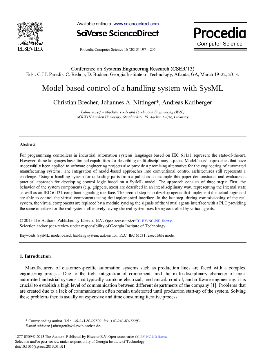 Model-based Control of a Handling System with SysML 