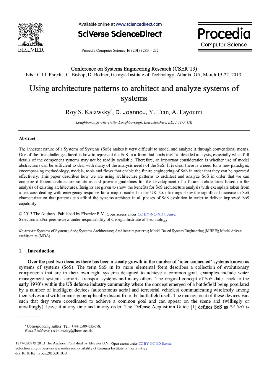 Using Architecture Patterns to Architect and Analyze Systems of Systems 