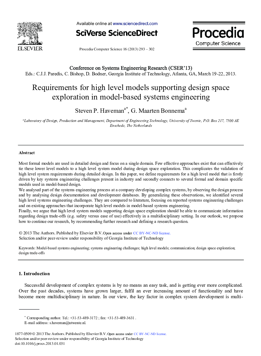 Requirements for High Level Models Supporting Design Space Exploration in Model-based Systems Engineering 