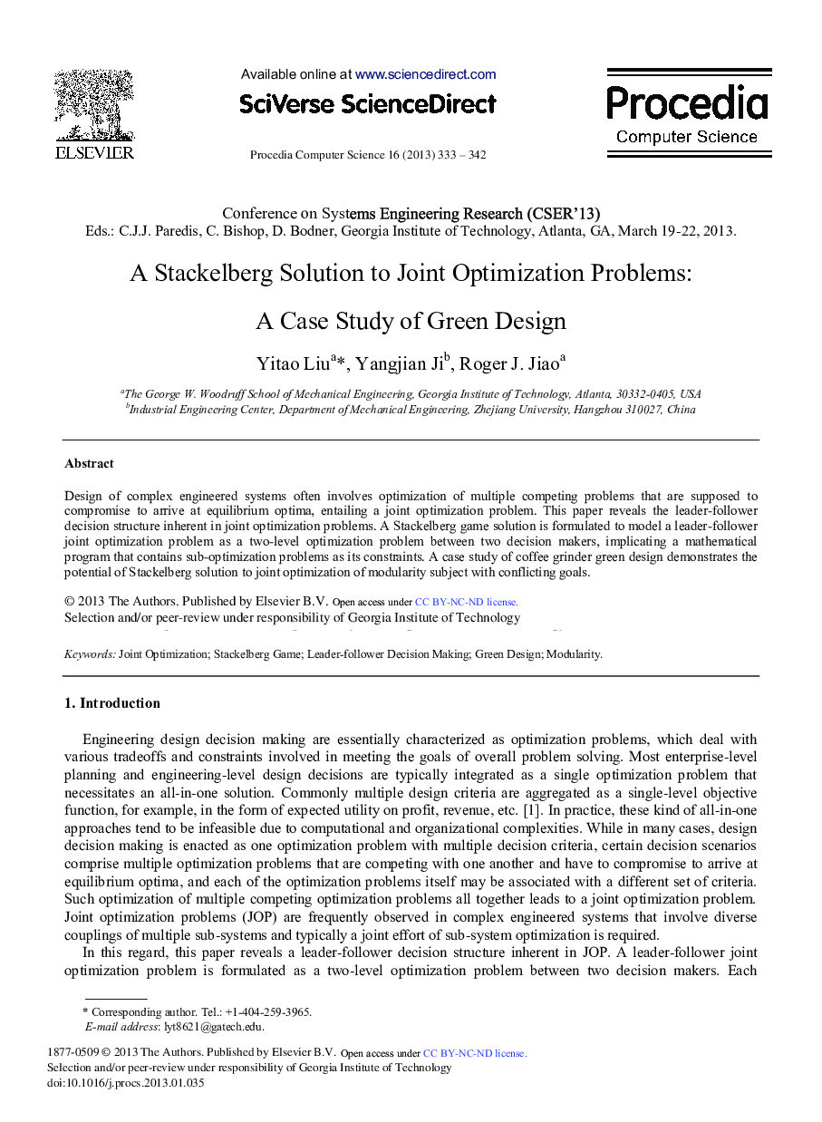 A Stackelberg Solution to Joint Optimization Problems: A Case Study of Green Design 