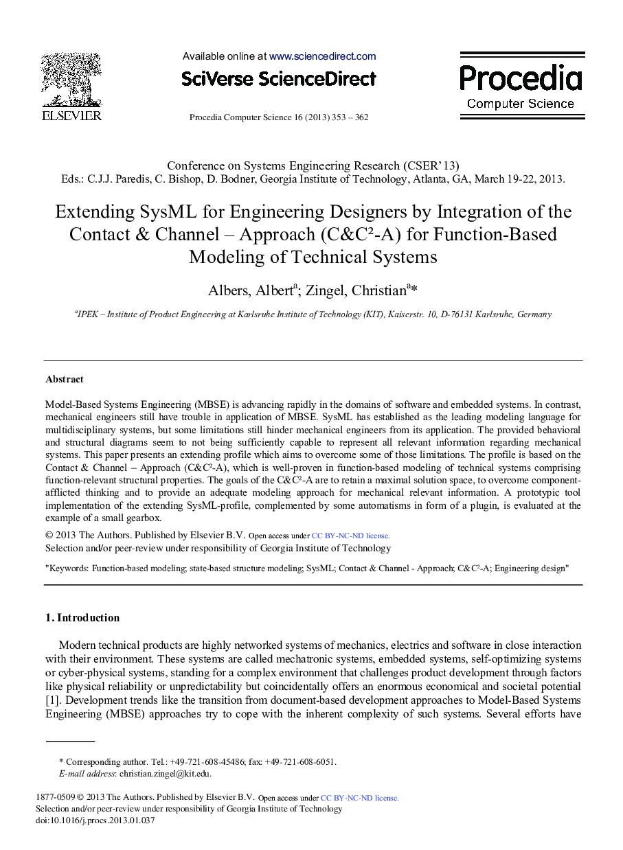 Extending SysML for Engineering Designers by Integration of the Contact & Channel – Approach (C&C2-A) for Function-Based Modeling of Technical Systems 