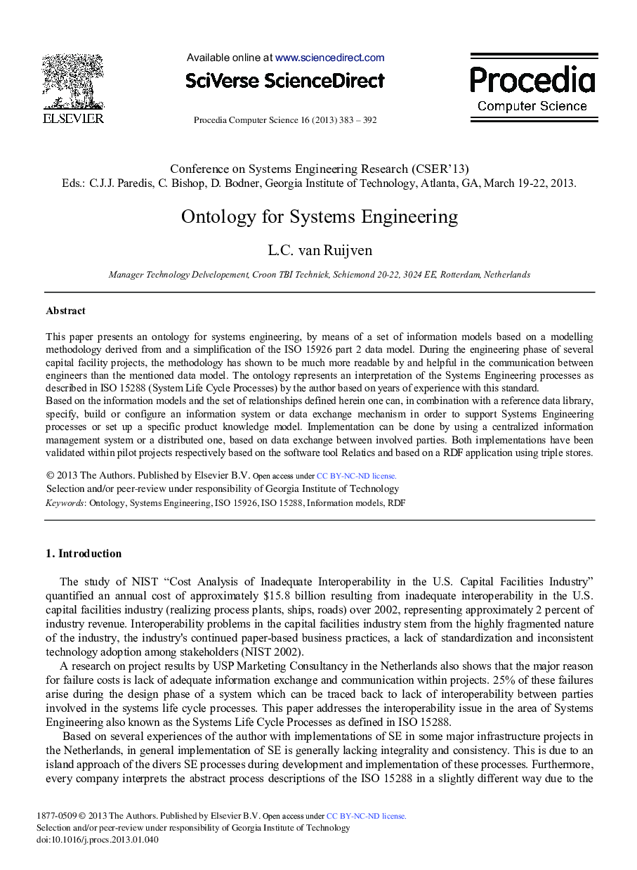 Ontology for Systems Engineering 