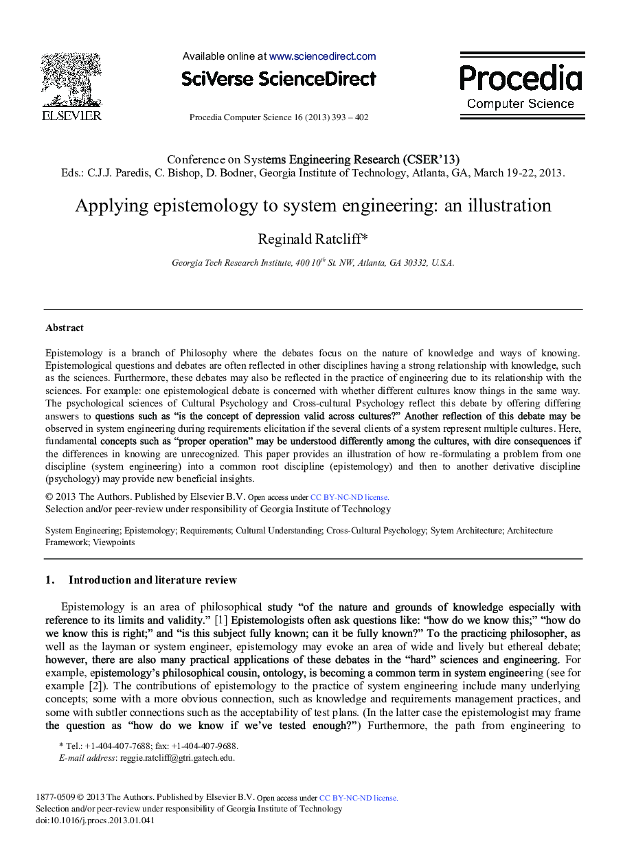 Applying Epistemology to System Engineering: An Illustration 
