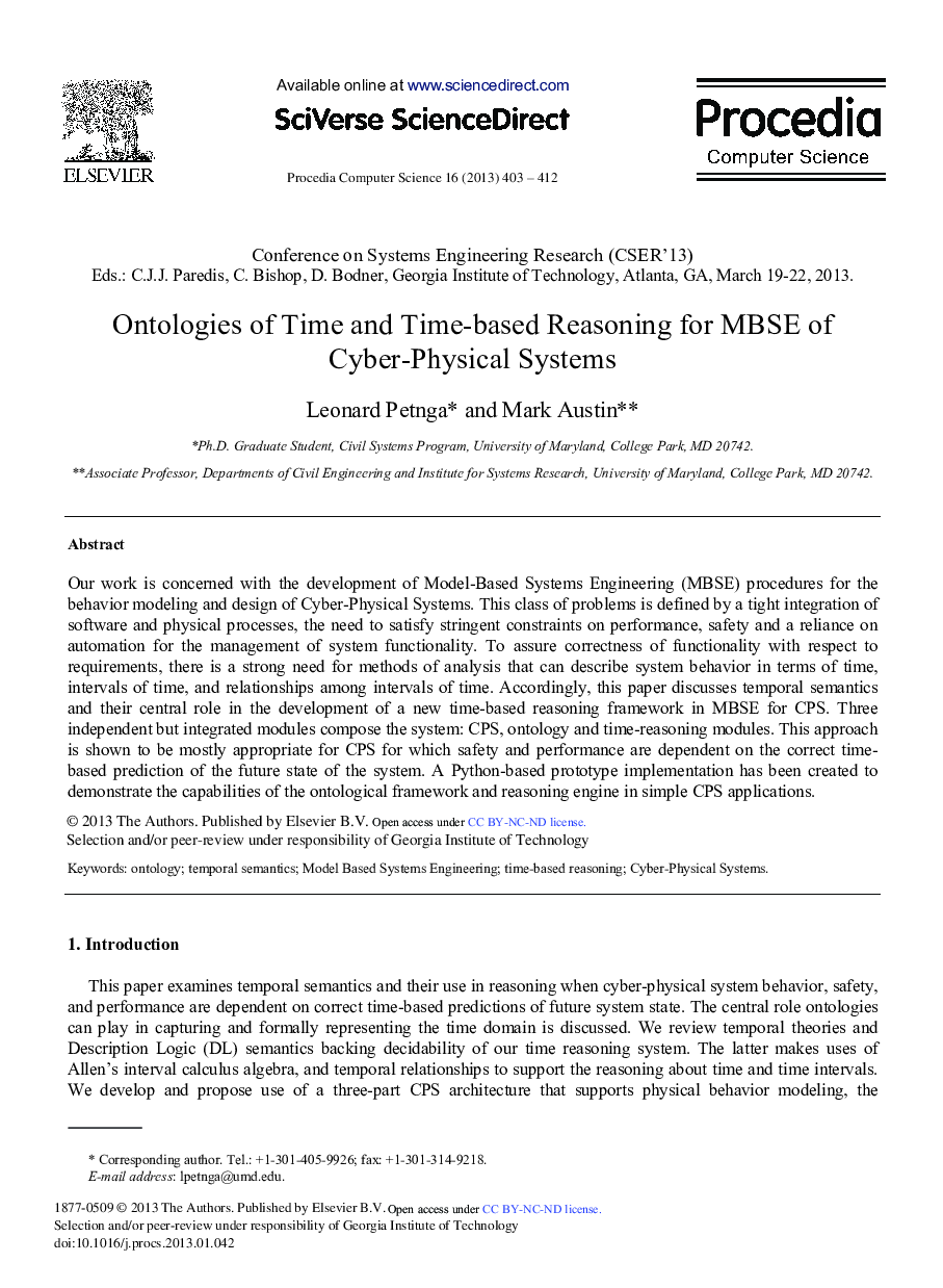 Ontologies of Time and Time-based Reasoning for MBSE of Cyber-Physical Systems 