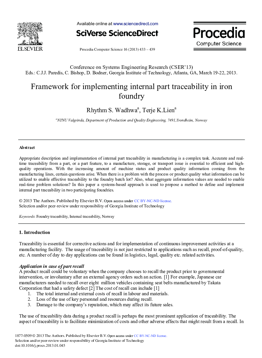 Framework for Implementing Internal Part Traceability in Iron Foundry 
