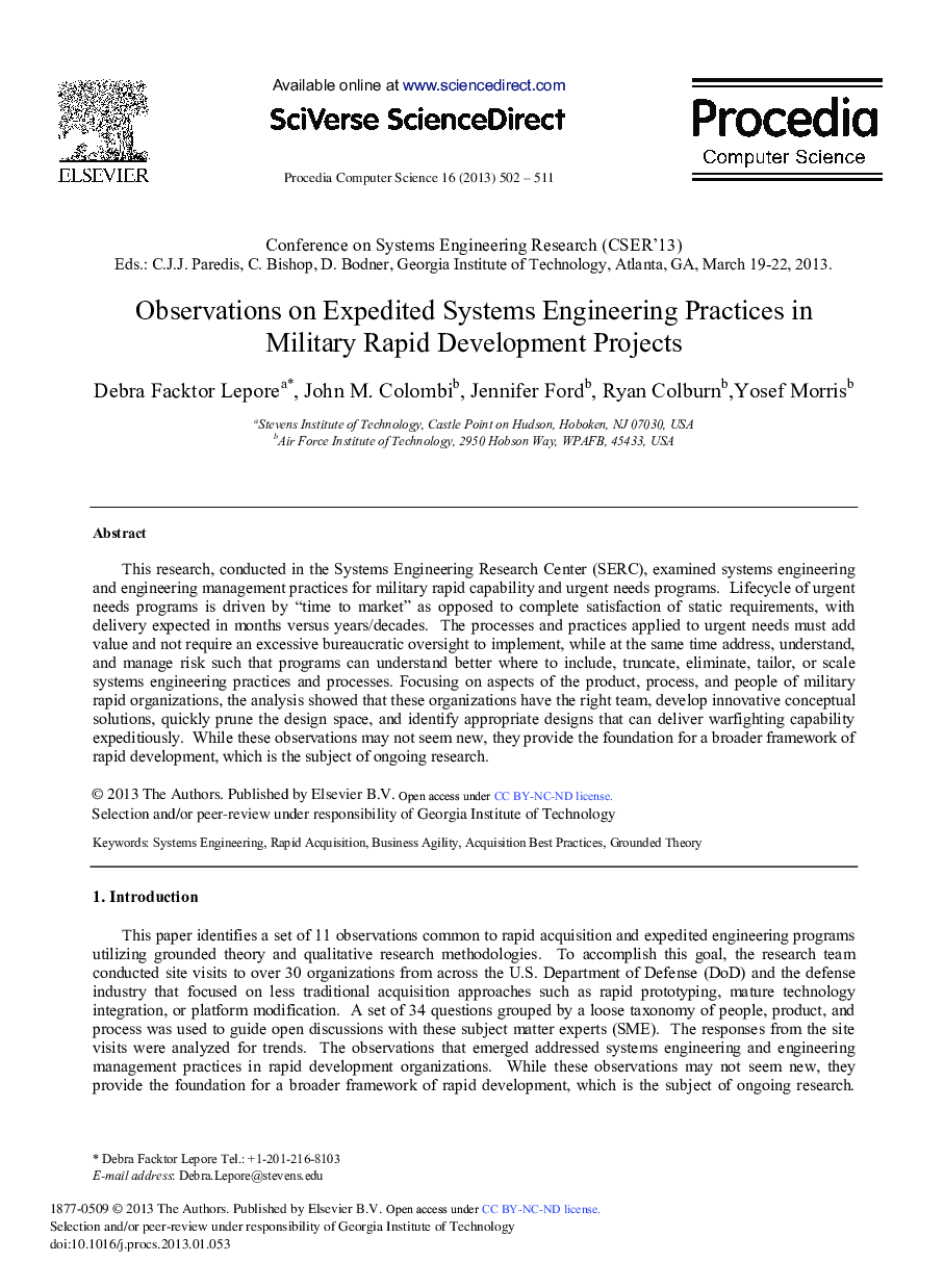 Observations on Expedited Systems Engineering Practices in Military Rapid Development Projects 