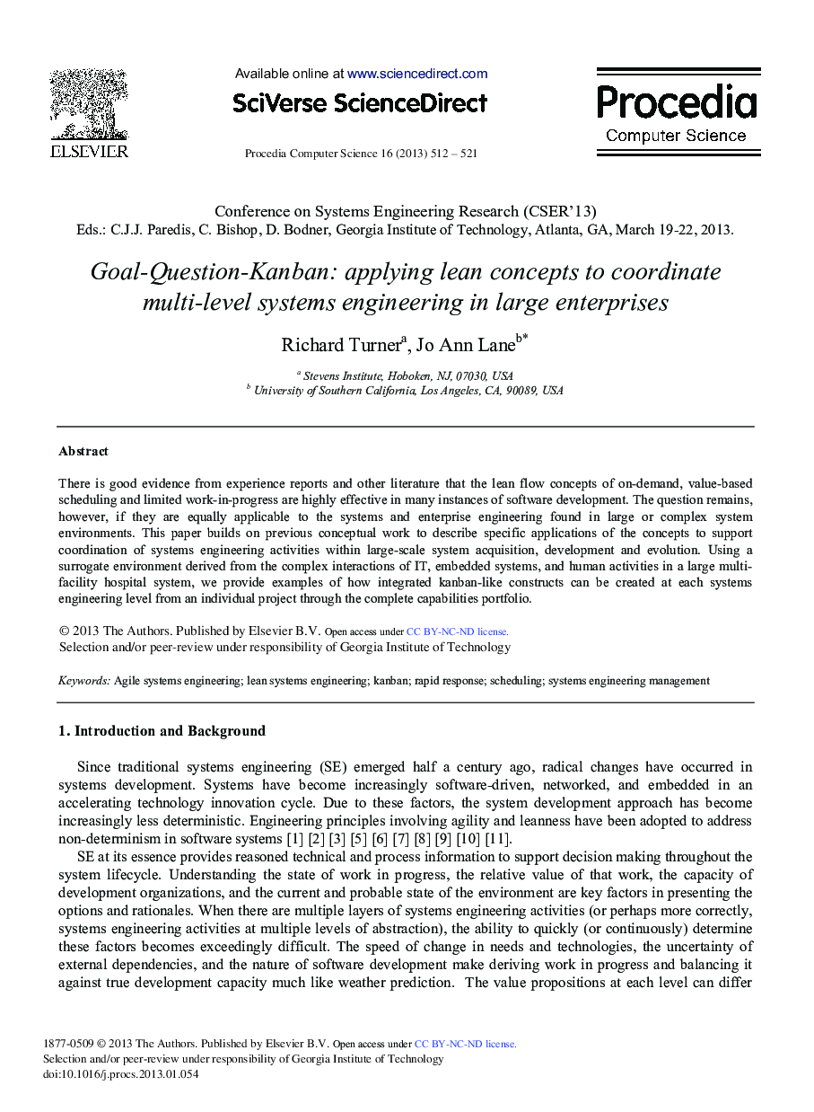Goal-question-Kanban: Applying Lean Concepts to Coordinate Multi-level Systems Engineering in Large Enterprises 