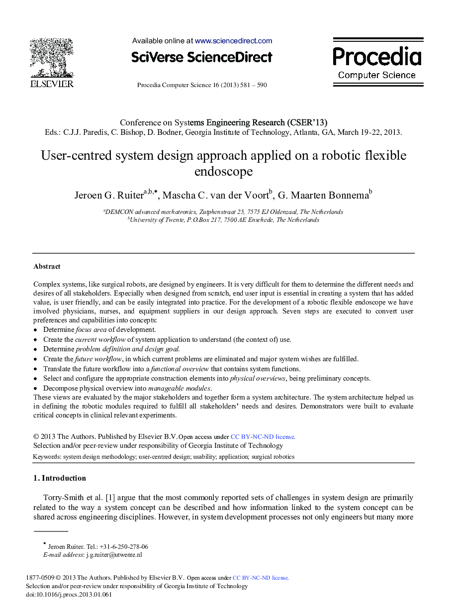 User-centred System Design Approach Applied on a Robotic Flexible Endoscope 