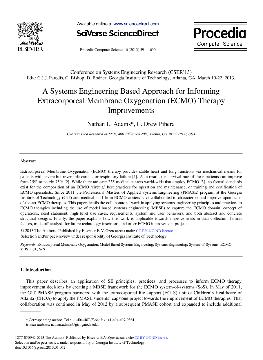 A Systems Engineering Based Approach for Informing Extracorporeal Membrane Oxygenation (ECMO) Therapy Improvements 