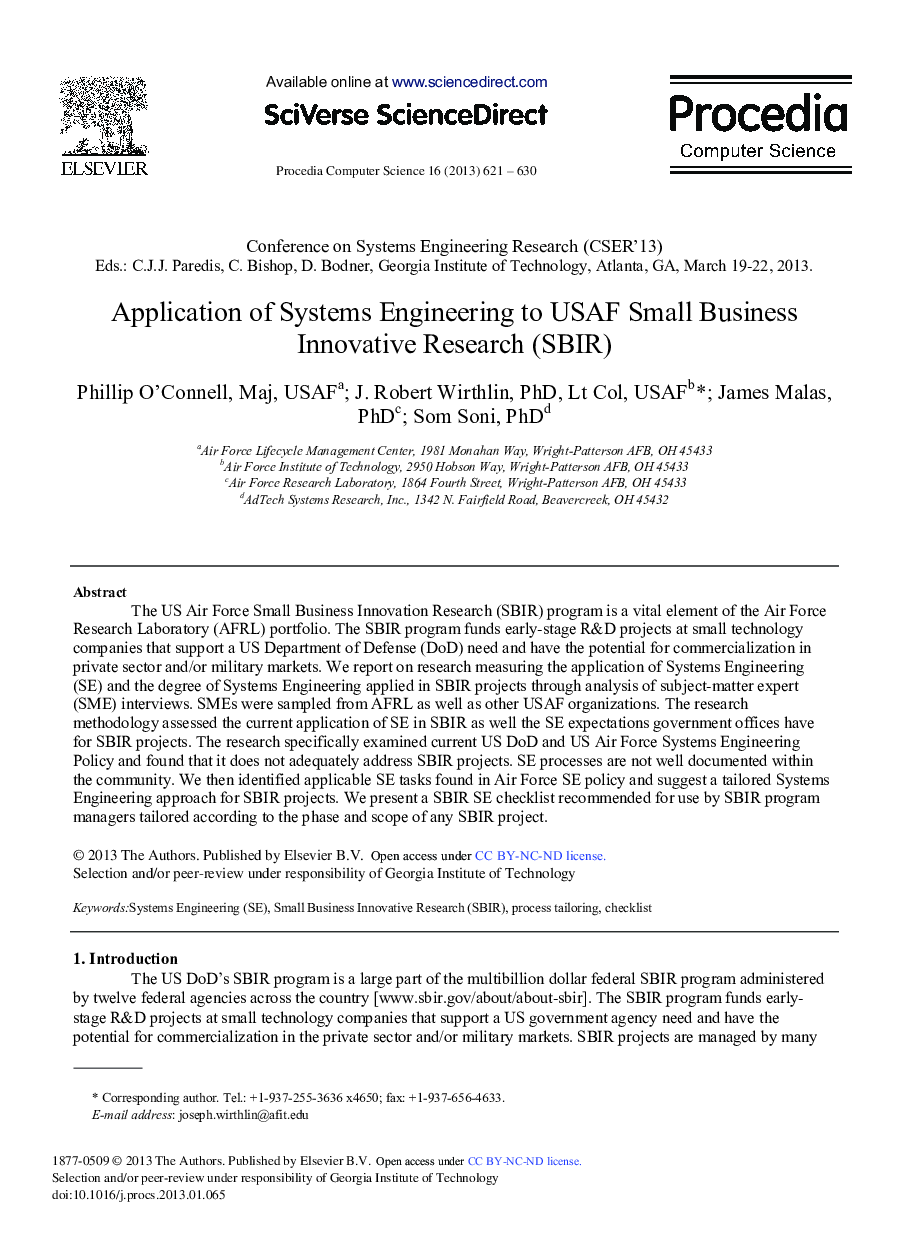 Application of Systems Engineering to USAF Small Business Innovative Research (SBIR) 