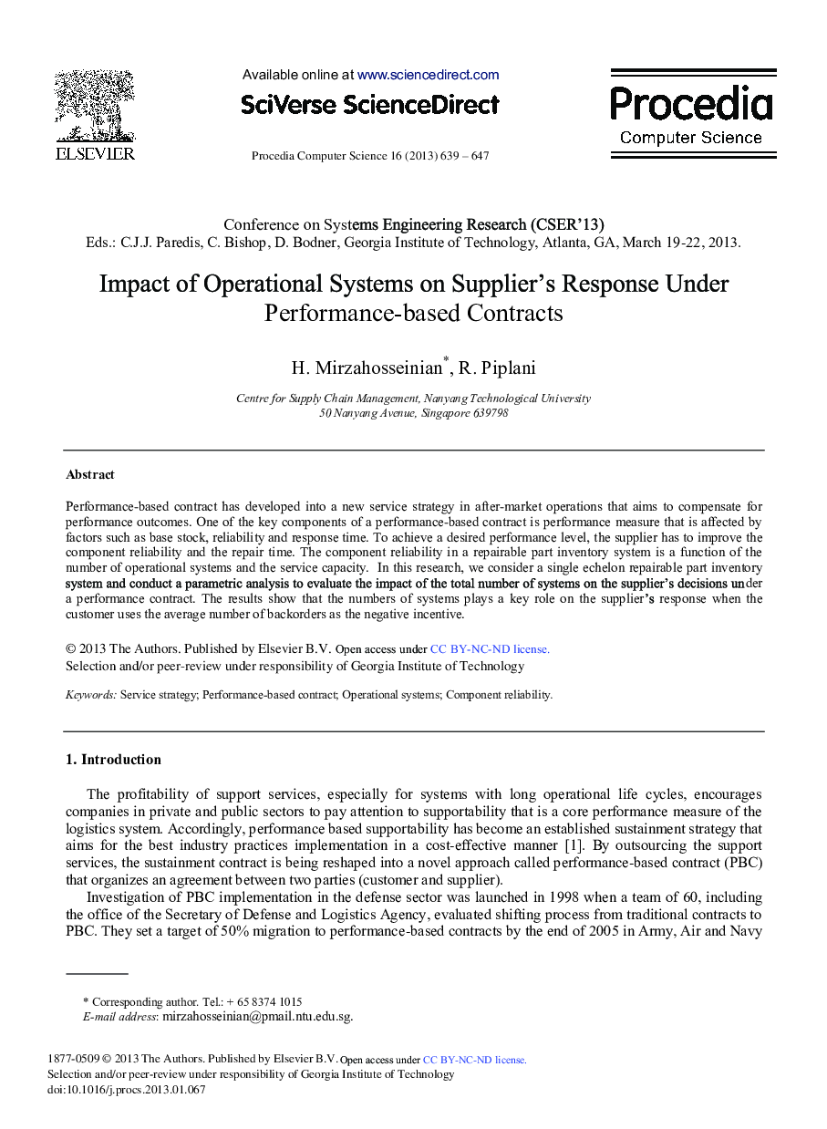 Impact of Operational Systems on Supplier's Response Under Performance-based Contracts 
