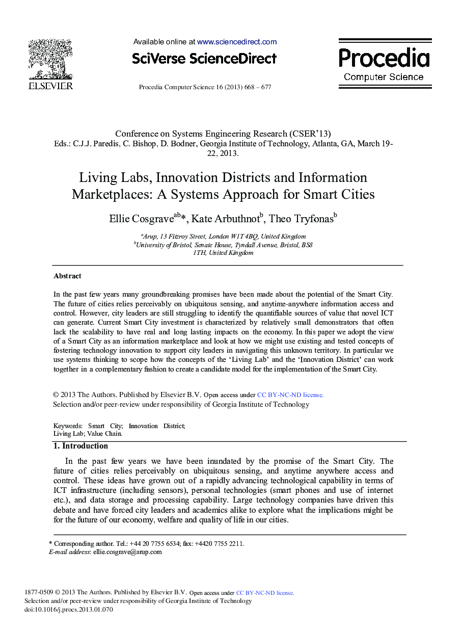 Living Labs, Innovation Districts and Information Marketplaces: A Systems Approach for Smart Cities 