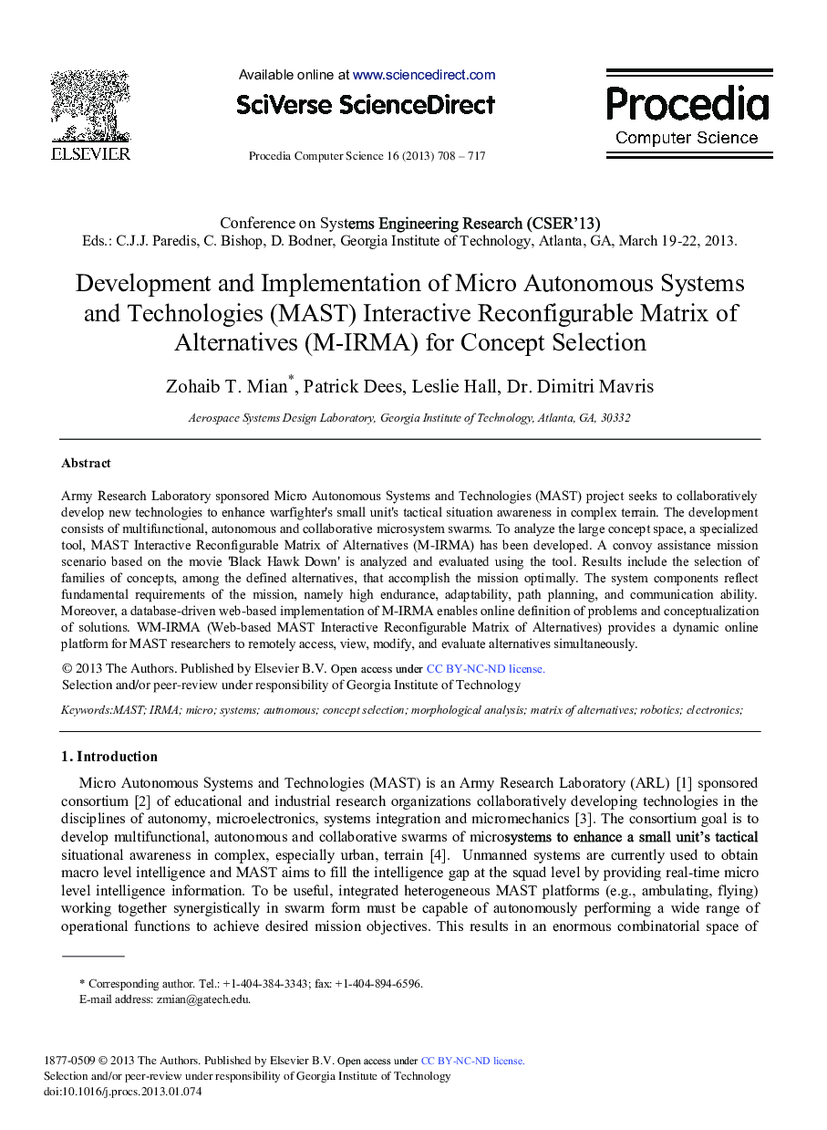 Development and Implementation of Micro Autonomous Systems and Technologies (MAST) Interactive Reconfigurable Matrix of Alternatives (M-IRMA) for Concept Selection 