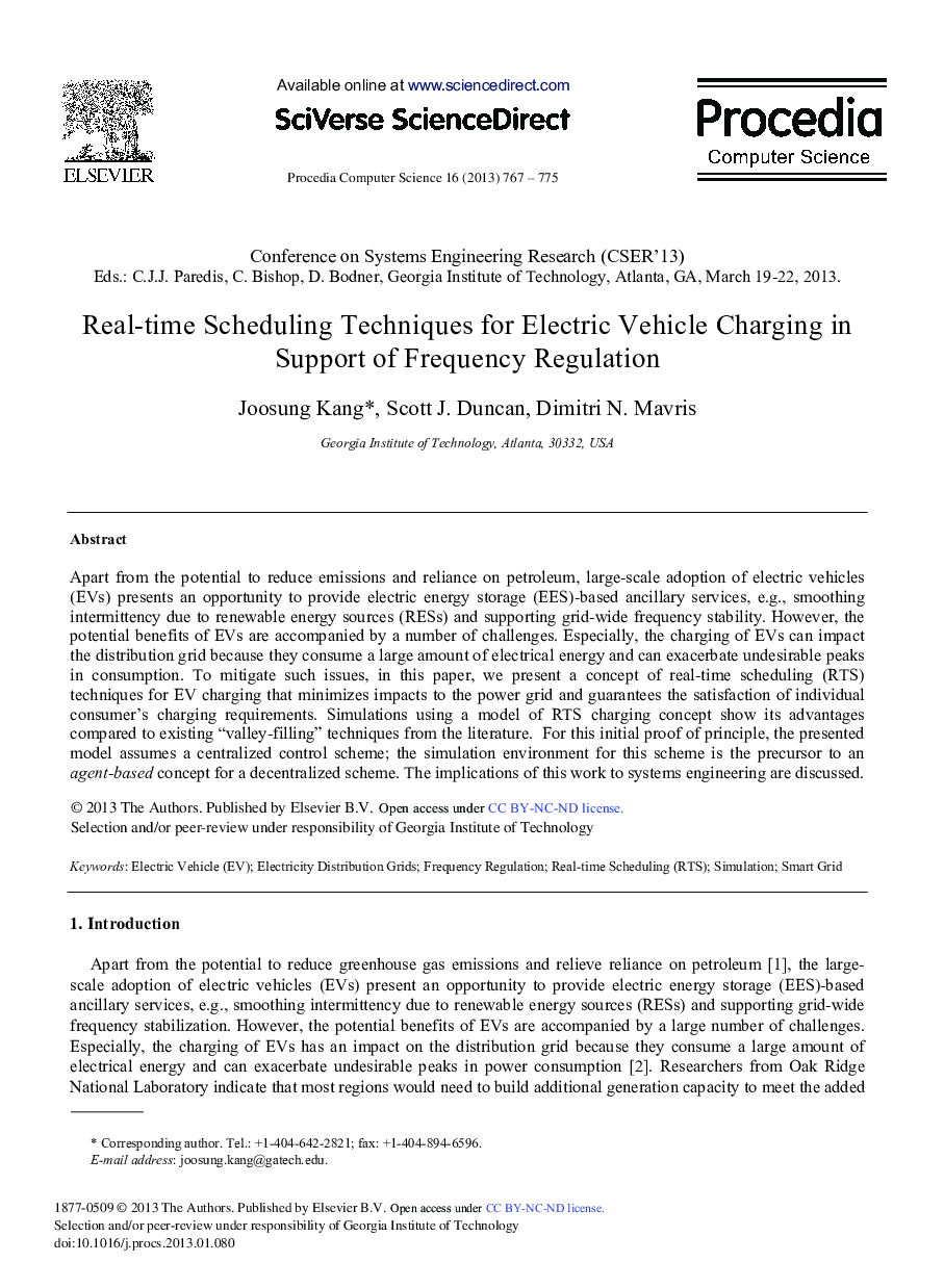 Real-time Scheduling Techniques for Electric Vehicle Charging in Support of Frequency Regulation 