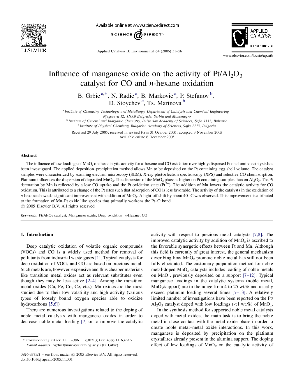 Influence of manganese oxide on the activity of Pt/Al2O3 catalyst for CO and n-hexane oxidation