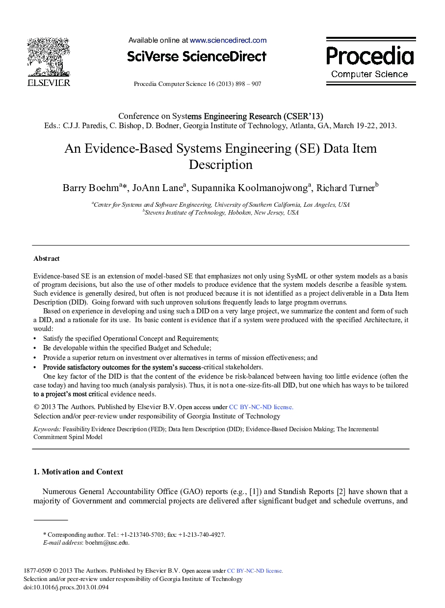 An Evidence-based Systems Engineering (SE) Data Item Description 