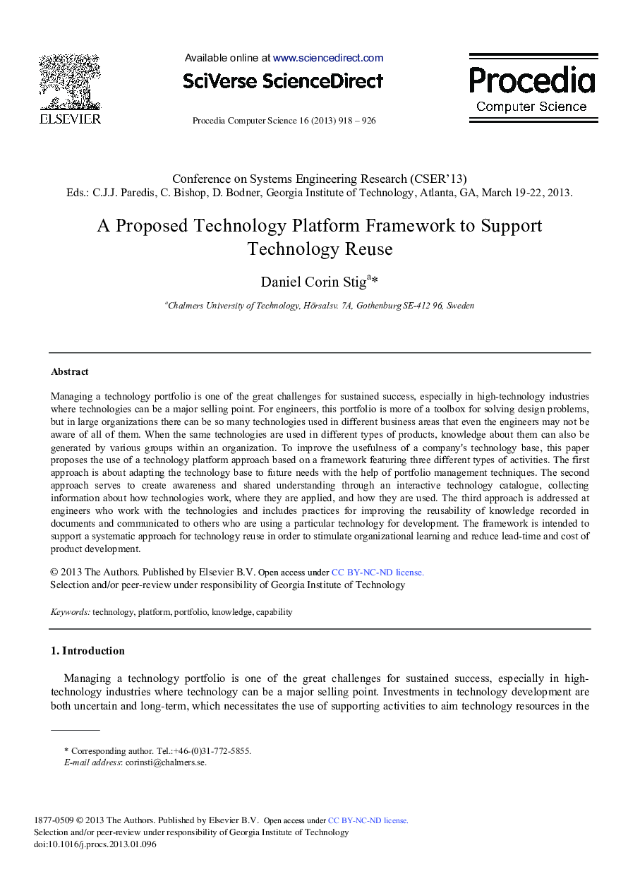 A Proposed Technology Platform Framework to Support Technology Reuse 