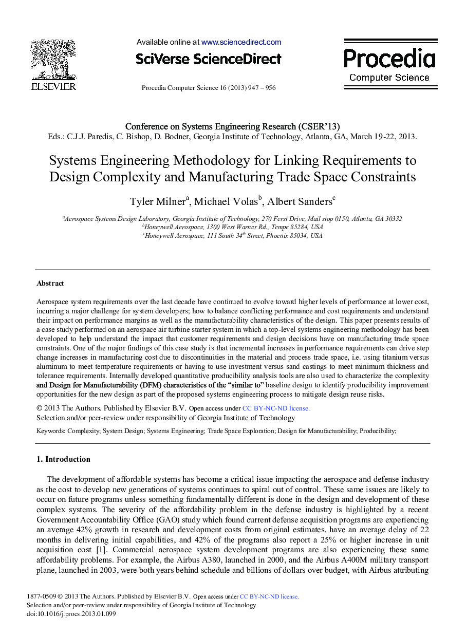 Systems Engineering Methodology for Linking Requirements to Design Complexity and Manufacturing Trade Space Constraints 