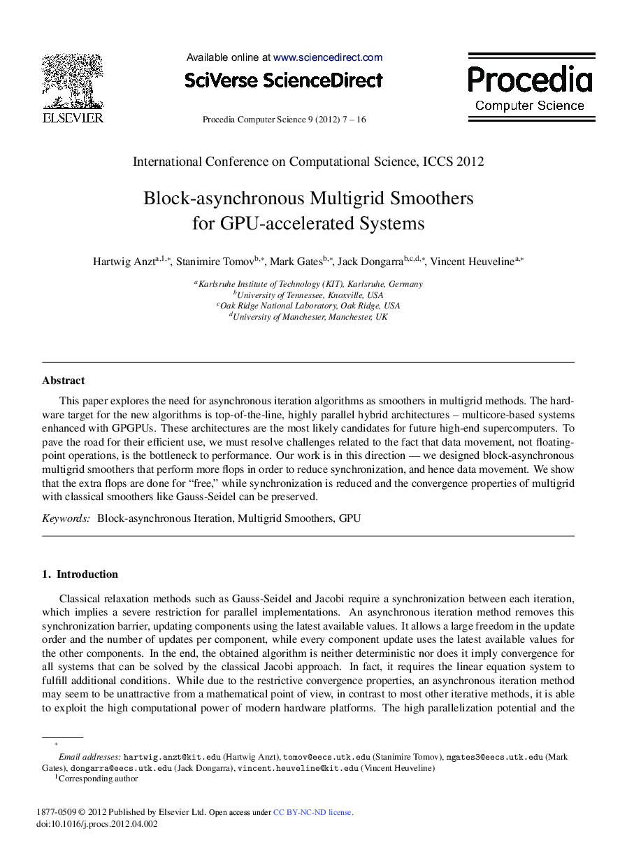 عکس صفحه اول مقاله: Block-asynchronous Multigrid Smoothers for GPU-accelerated Systems Block-asynchronous Multigrid Smoothers for GPU-accelerated Systems