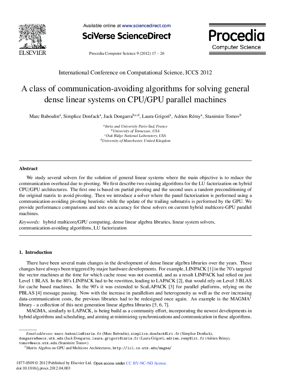 A Class of Communication-avoiding Algorithms for Solving General Dense Linear Systems on CPU/GPU Parallel Machines