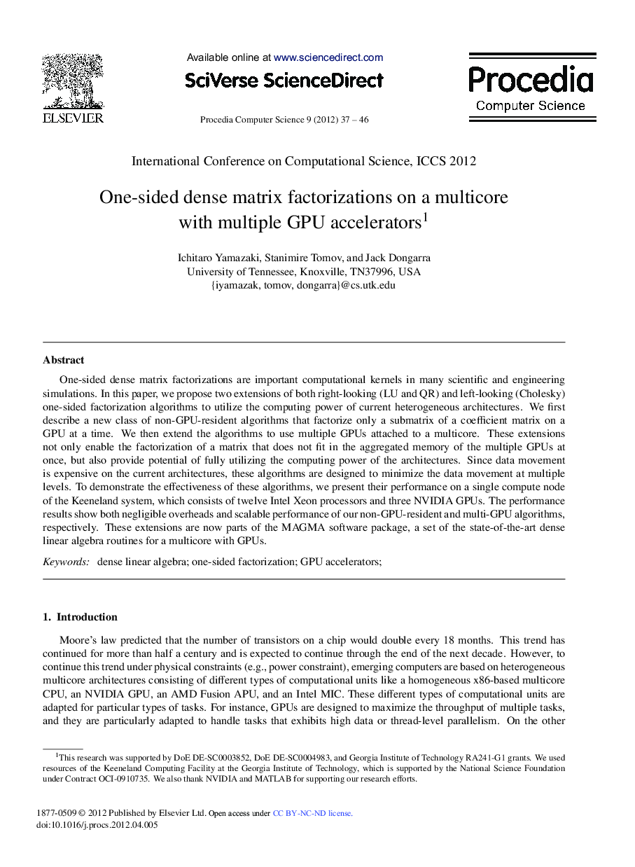 عکس صفحه اول مقاله: One-sided Dense Matrix Factorizations on a Multicore with Multiple GPU Accelerators* One-sided Dense Matrix Factorizations on a Multicore with Multiple GPU Accelerators*
