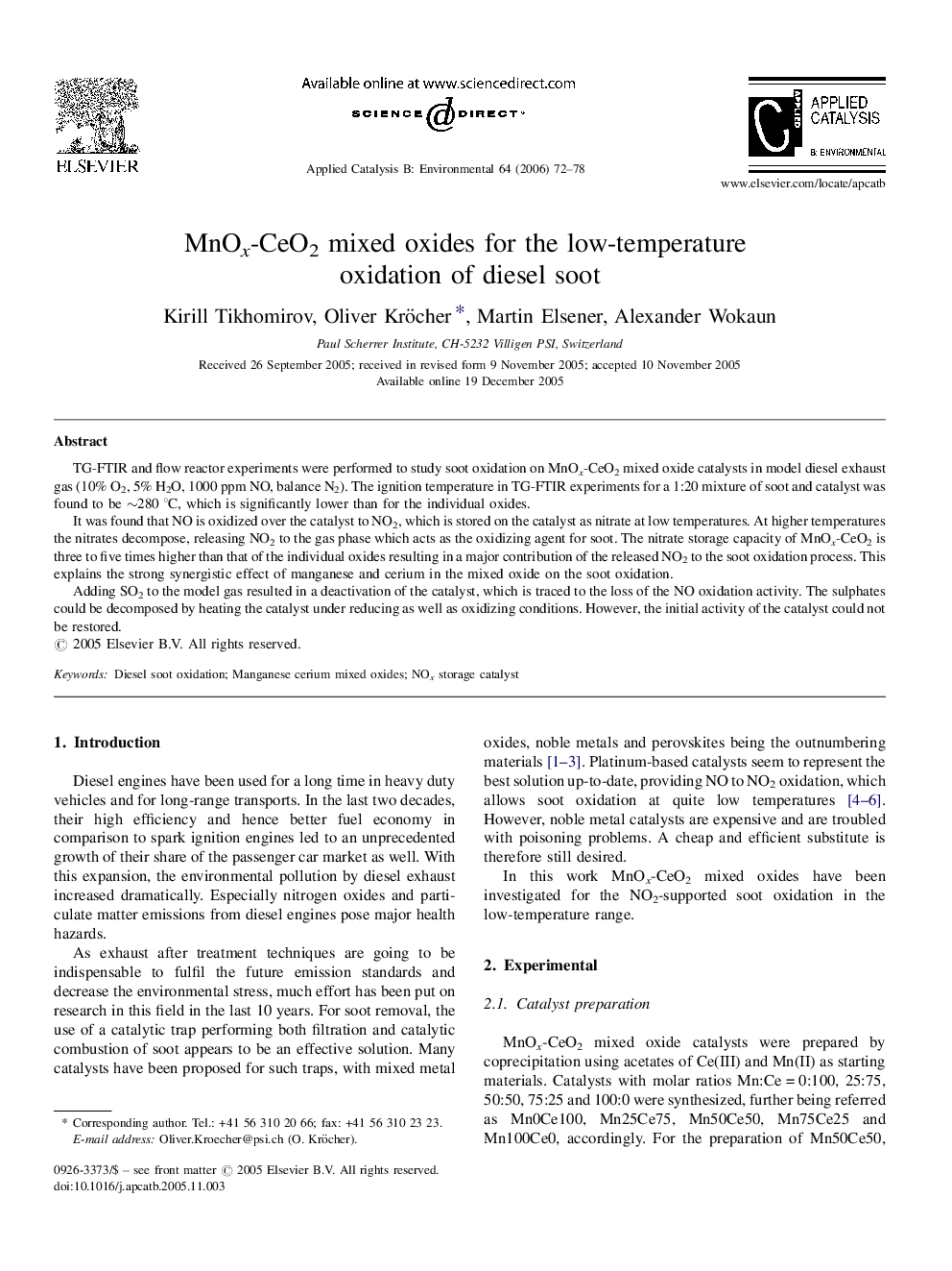 MnOx-CeO2 mixed oxides for the low-temperature oxidation of diesel soot