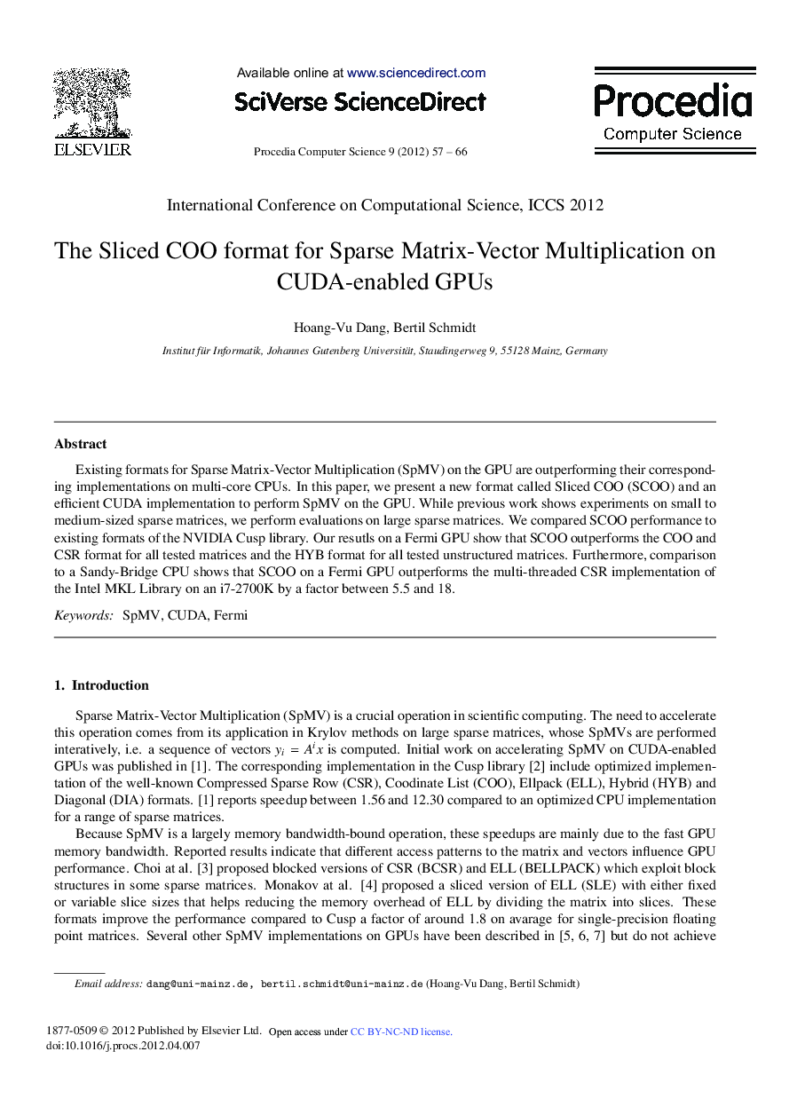 عکس صفحه اول مقاله: The Sliced COO Format for Sparse Matrix-Vector Multiplication on CUDA-enabled GPUs The Sliced COO Format for Sparse Matrix-Vector Multiplication on CUDA-enabled GPUs