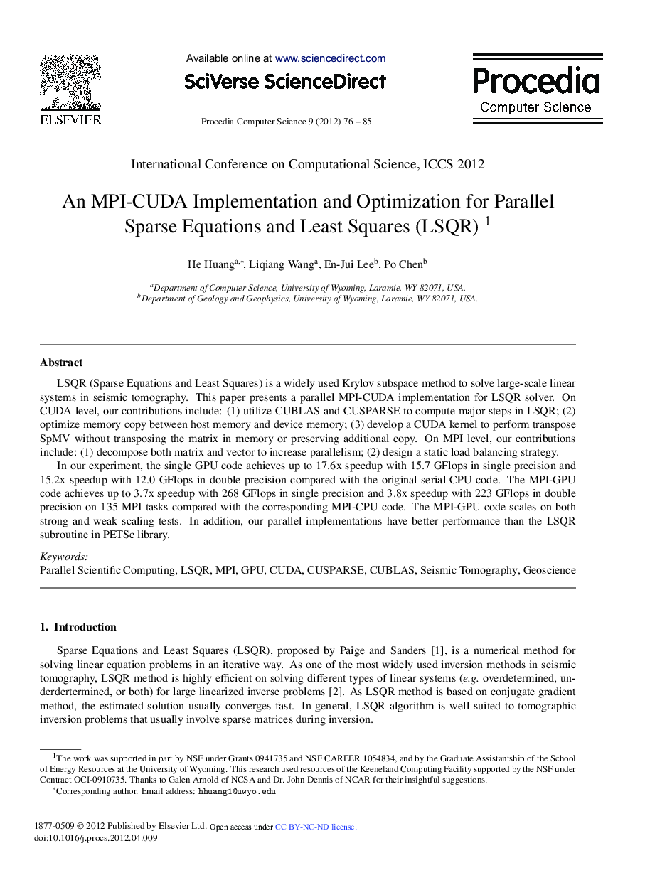 An MPI-CUDA Implementation and Optimization for Parallel Sparse Equations and Least Squares (LSQR)