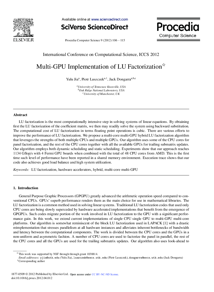 Multi-GPU Implementation of LU Factorization