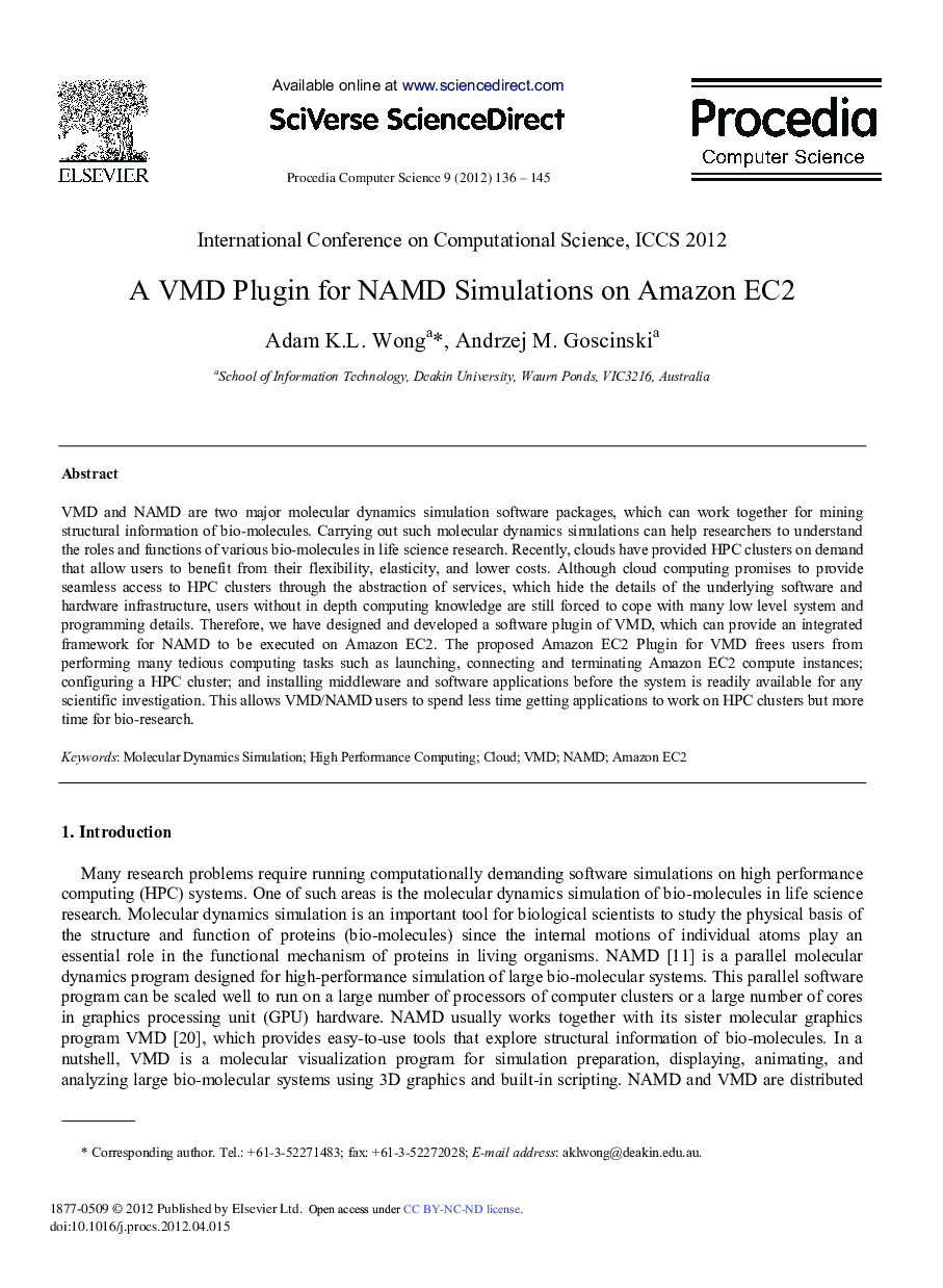عکس صفحه اول مقاله: A VMD Plugin for NAMD Simulations on Amazon EC2 A VMD Plugin for NAMD Simulations on Amazon EC2