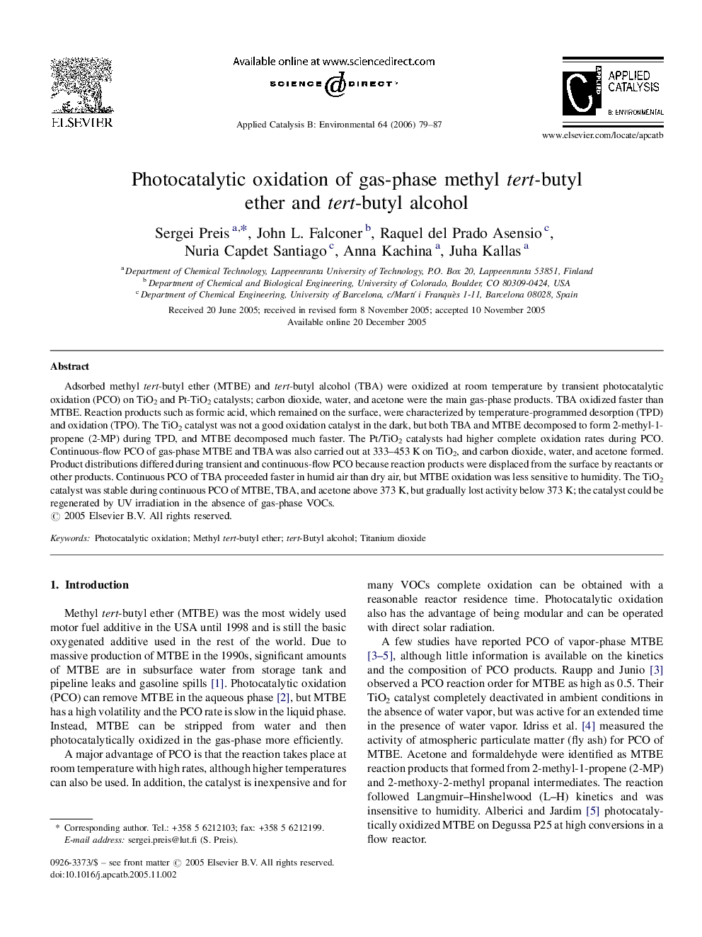 Photocatalytic oxidation of gas-phase methyl tert-butyl ether and tert-butyl alcohol