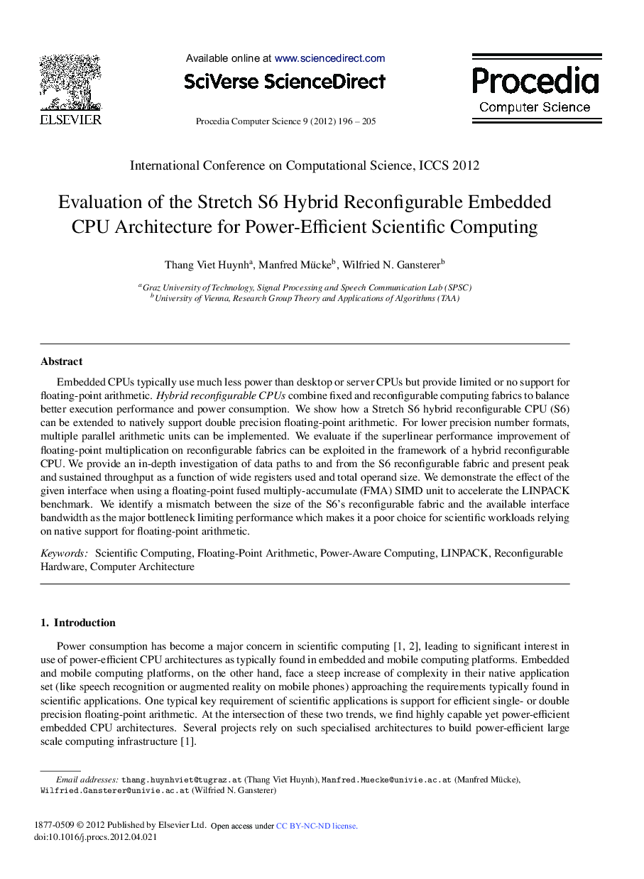 Evaluation of the Stretch S6 Hybrid Reconfigurable Embedded CPU Architecture for Power-Efficient Scientific Computing