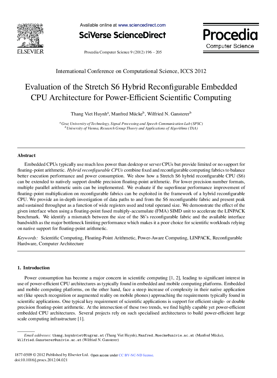 عکس صفحه اول مقاله: Evaluation of the Stretch S6 Hybrid Reconfigurable Embedded CPU Architecture for Power-Efficient Scientific Computing Evaluation of the Stretch S6 Hybrid Reconfigurable Embedded CPU Architecture for Power-Efficient Scientific Computing