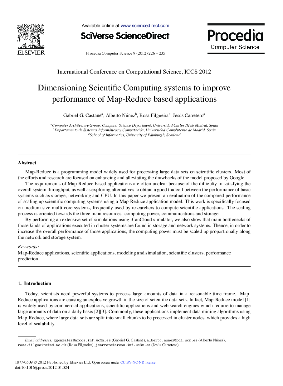 Dimensioning Scientific Computing Systems to Improve Performance of Map-Reduce based Applications