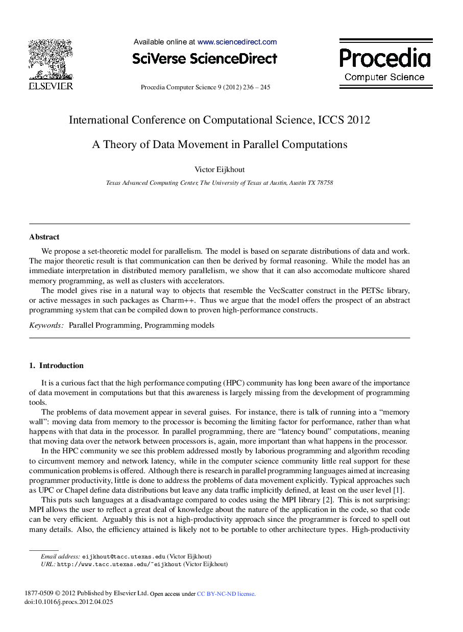 International Conference on Computational Science, ICCS 2012 A Theory of Data Movement in Parallel Computations
