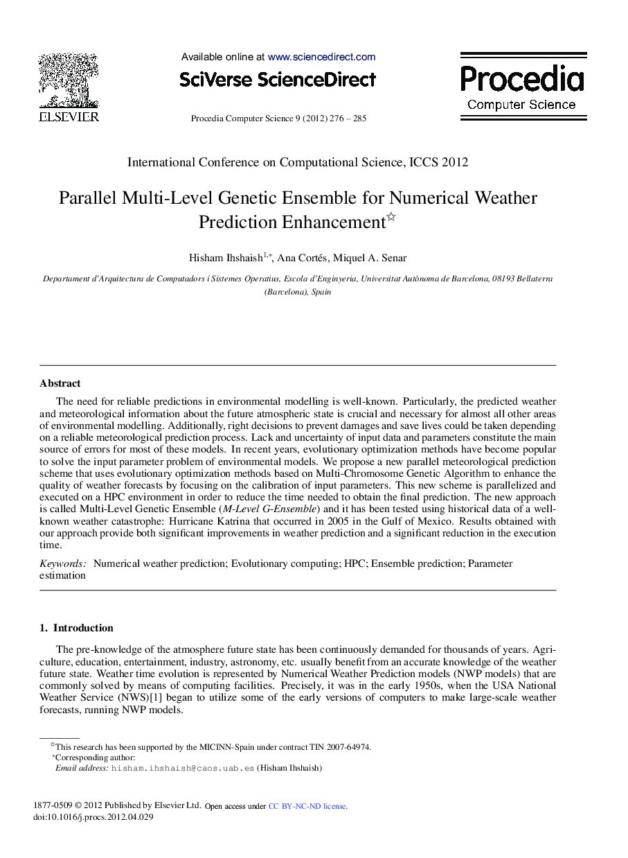 Parallel Multi-level Genetic Ensemble for Numerical Weather Prediction Enhancement 