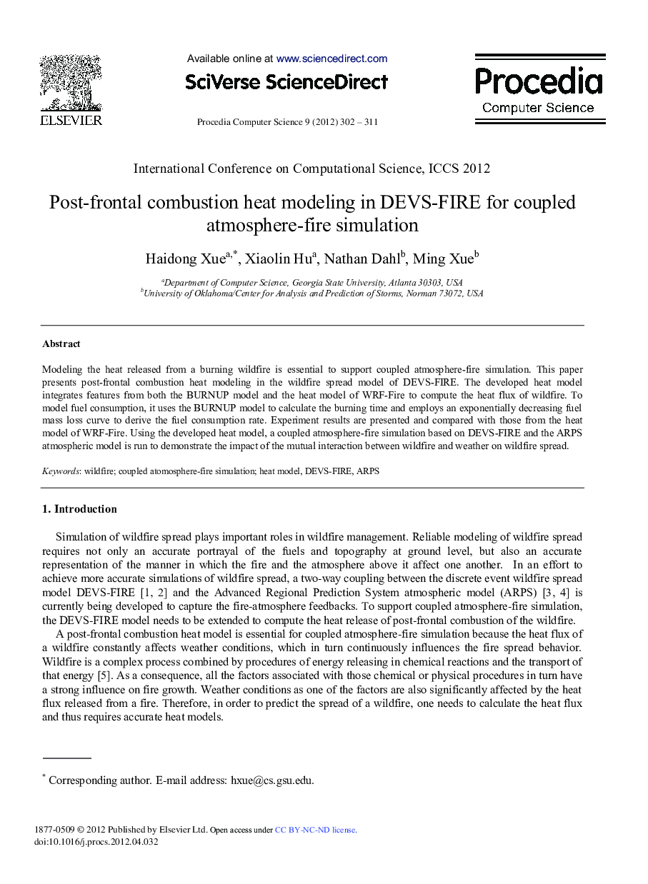 عکس صفحه اول مقاله: Post-frontal Combustion Heat Modeling in DEVS-fire for Coupled Atmosphere-fire Simulation Post-frontal Combustion Heat Modeling in DEVS-fire for Coupled Atmosphere-fire Simulation