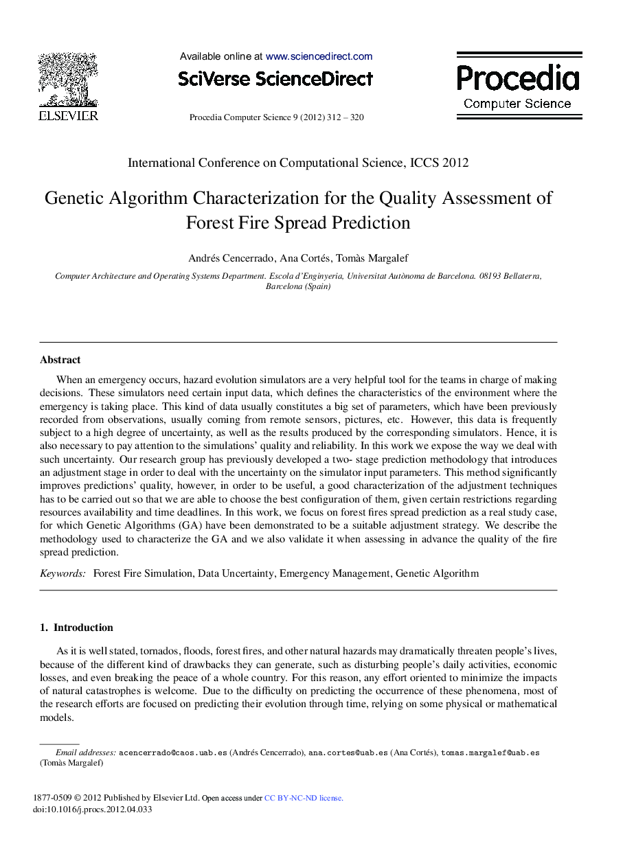 Genetic Algorithm Characterization for the Quality Assessment of Forest Fire Spread Prediction