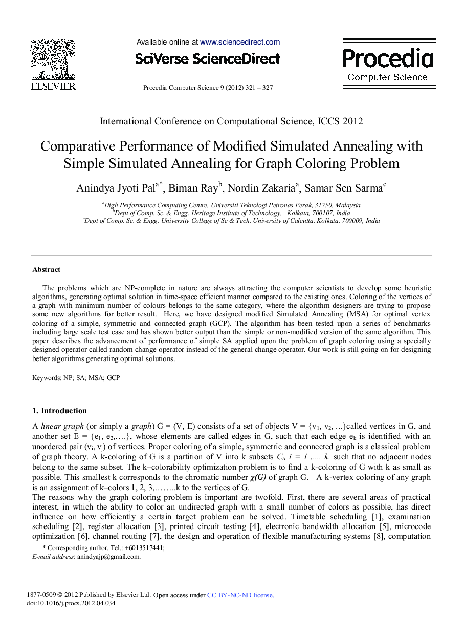 عکس صفحه اول مقاله: Comparative Performance of Modified Simulated Annealing with Simple Simulated Annealing for Graph Coloring Problem Comparative Performance of Modified Simulated Annealing with Simple Simulated Annealing for Graph Coloring Problem