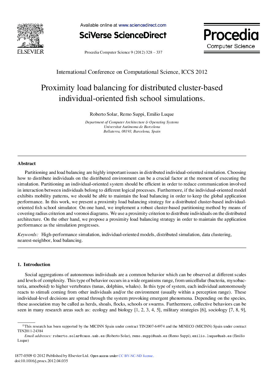 عکس صفحه اول مقاله: Proximity Load Balancing for Distributed Cluster-based Individual-oriented Fish School Simulations Proximity Load Balancing for Distributed Cluster-based Individual-oriented Fish School Simulations